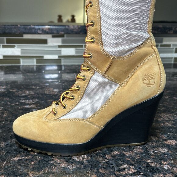 Timberland Womens Size 8 Wheat Tan Leather Lace Up Wedge Boots Tall 14.5” 23617M - Picture 3 of 16
